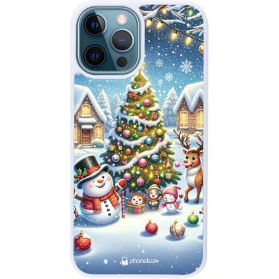 Coque iPhone 12 / 12 Pro - Silicone rigide blanc Noël 2023 bonhomme de neige et sapin