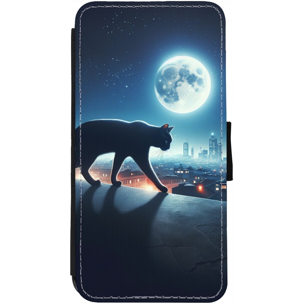 Coque iPhone 12 / 12 Pro - Wallet noir Chat noir sous la pleine lune