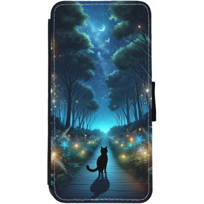 Coque iPhone 12 / 12 Pro - Wallet noir Chat noir promenade