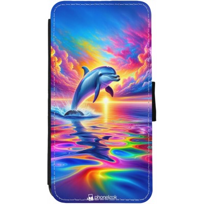 Coque iPhone 12 / 12 Pro - Wallet noir Dauphin arc-en-ciel heureux