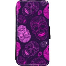 Coque iPhone 12 / 12 Pro - Wallet noir Halloween 2023 pink skulls