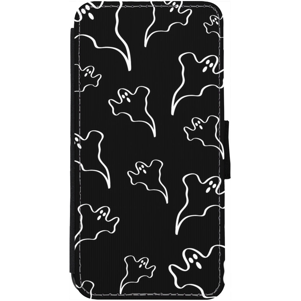 Coque iPhone 12 / 12 Pro - Wallet noir Halloween 2024 black and white ghosts