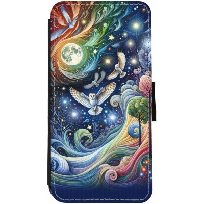 Coque iPhone 12 / 12 Pro - Wallet noir hibou volant floral