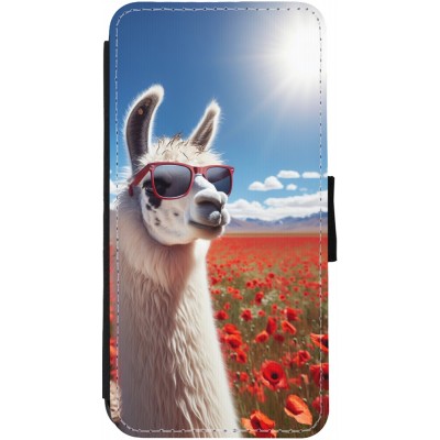 Coque iPhone 12 / 12 Pro - Wallet noir Lama Chic en Coquelicot