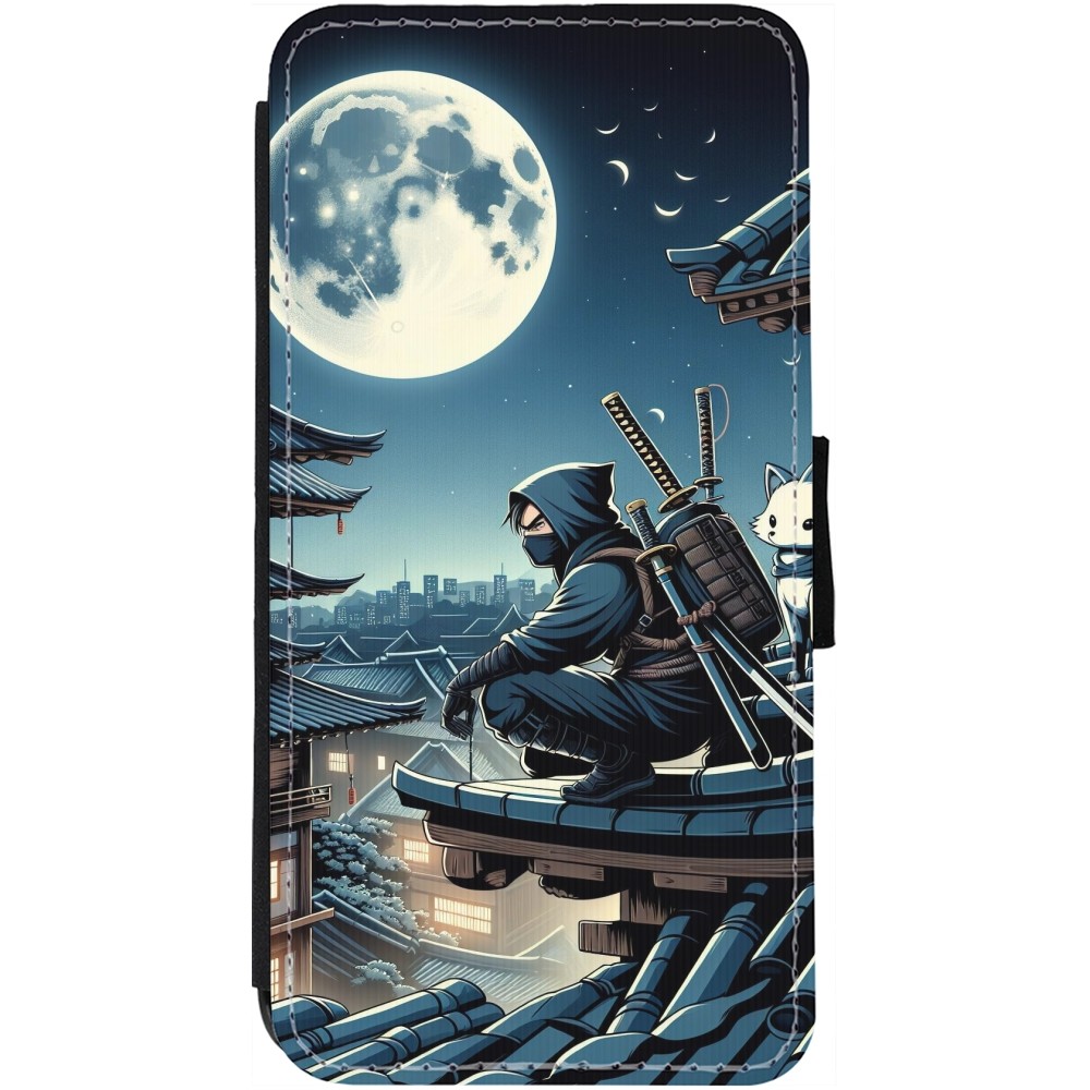 Coque iPhone 12 / 12 Pro - Wallet noir Ninja sous la lune