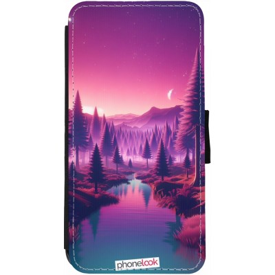 Coque iPhone 12 / 12 Pro - Wallet noir Paysage Violet-Rose