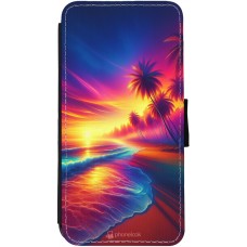 Coque iPhone 12 / 12 Pro - Wallet noir Plage coucher soleil flashy