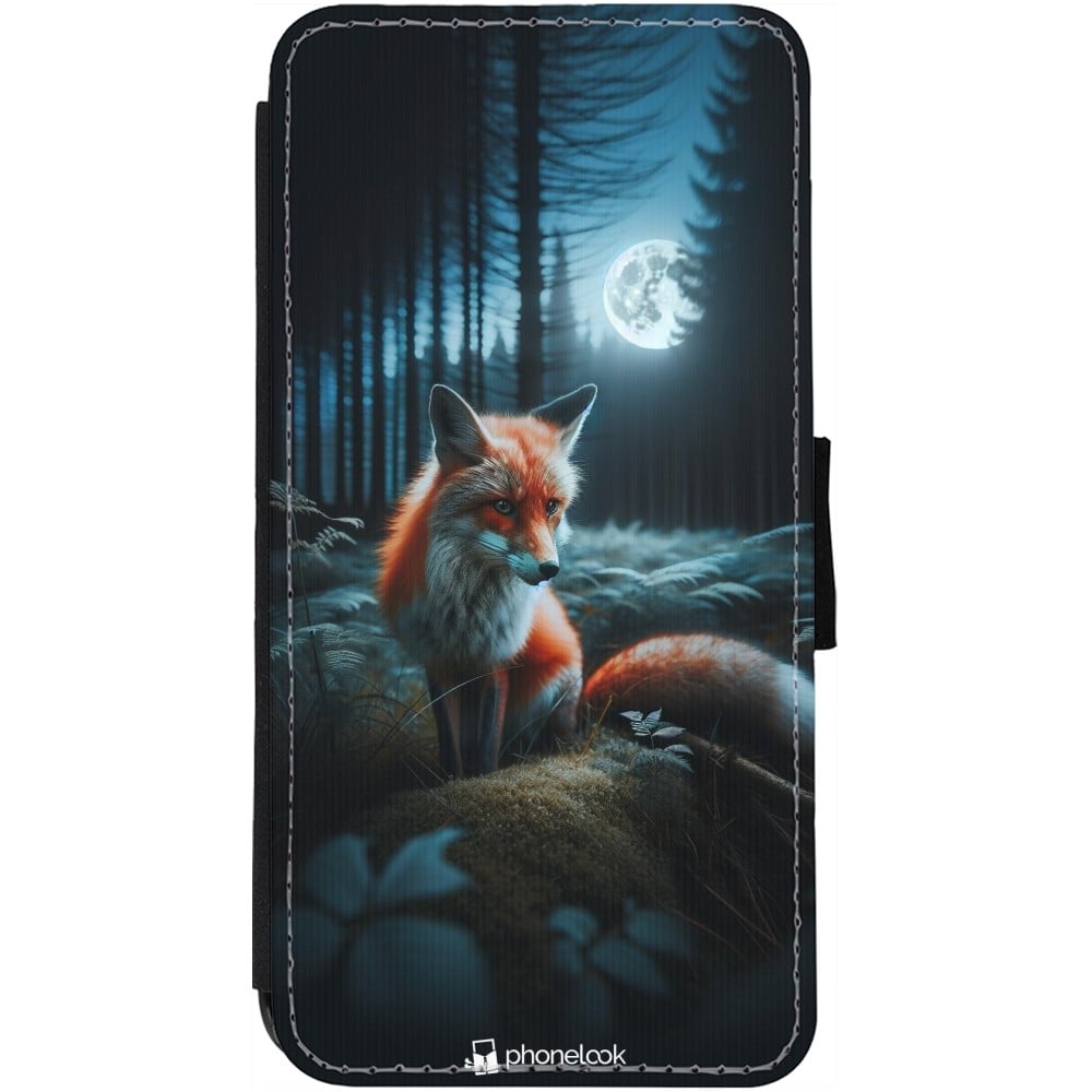 Coque iPhone 12 / 12 Pro - Wallet noir Renard lune forêt