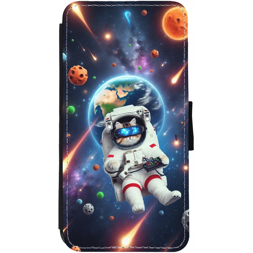 Coque iPhone 12 / 12 Pro - Wallet noir VR SpaceCat Odyssey