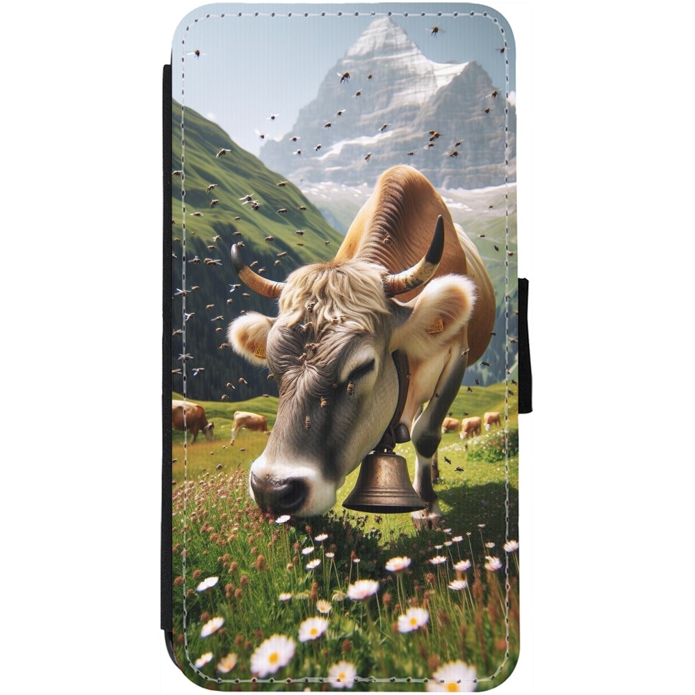 Coque iPhone 12 / 12 Pro - Wallet noir Vache montagne Valais