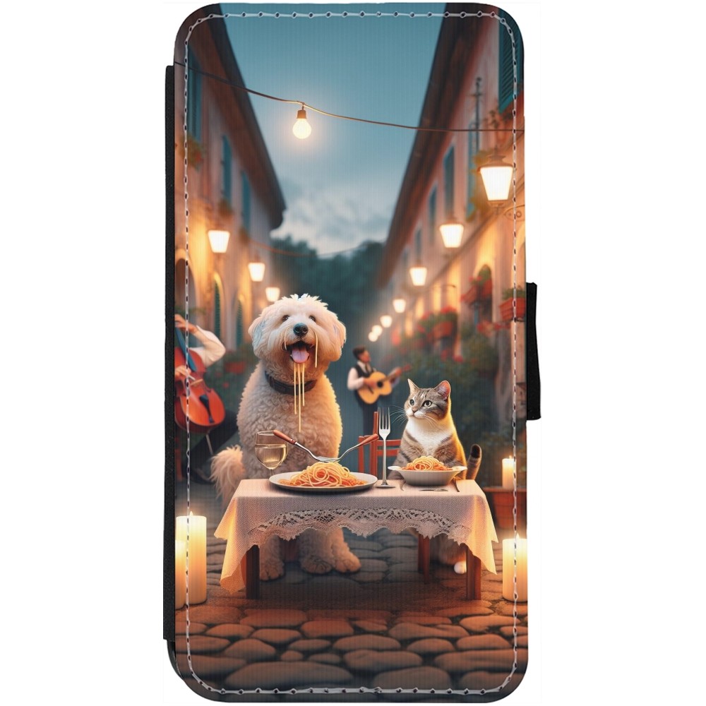 Coque iPhone 12 / 12 Pro - Wallet noir Valentine 2024 Dog & Cat Candlelight