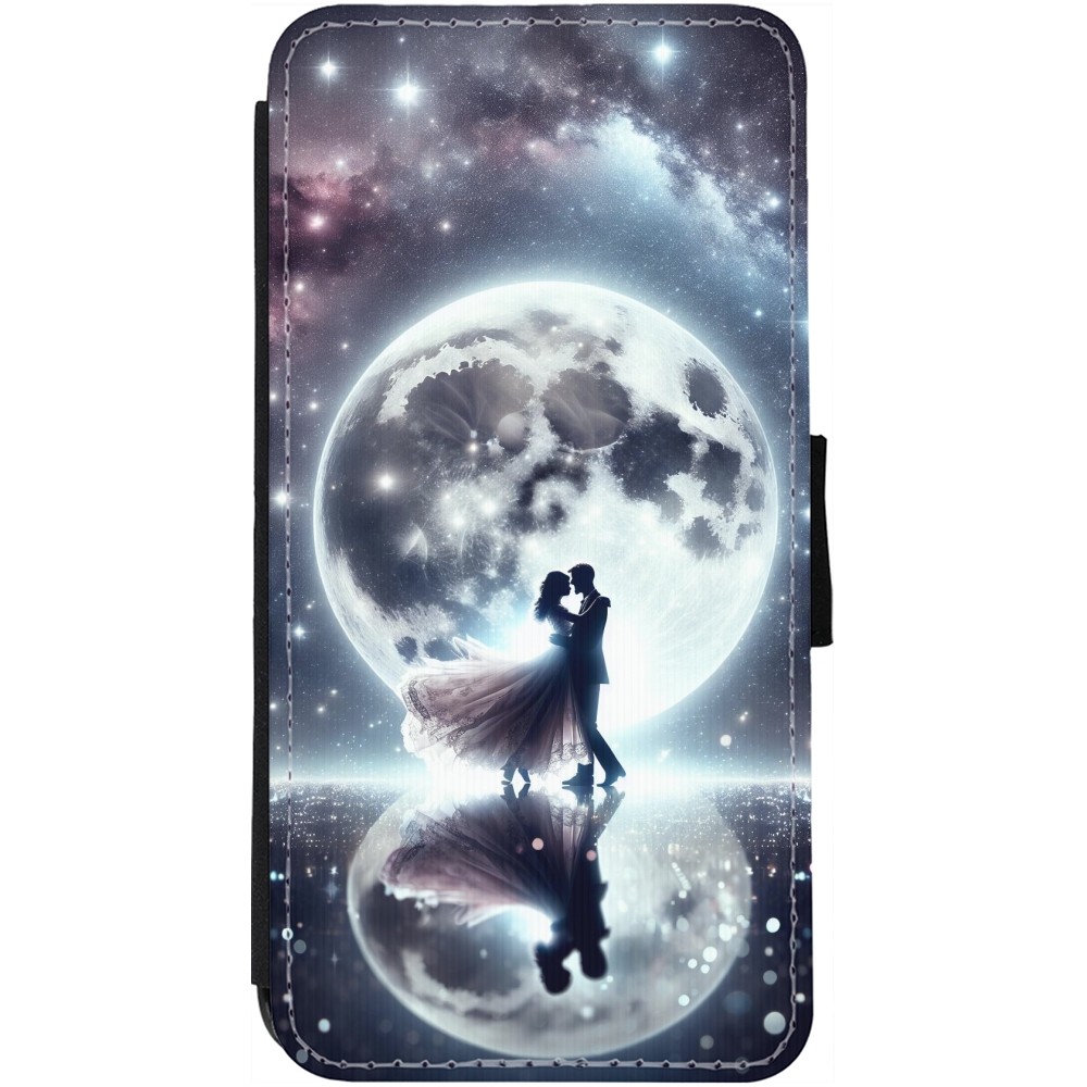 Coque iPhone 12 / 12 Pro - Wallet noir Valentine 2024 Love under the moon