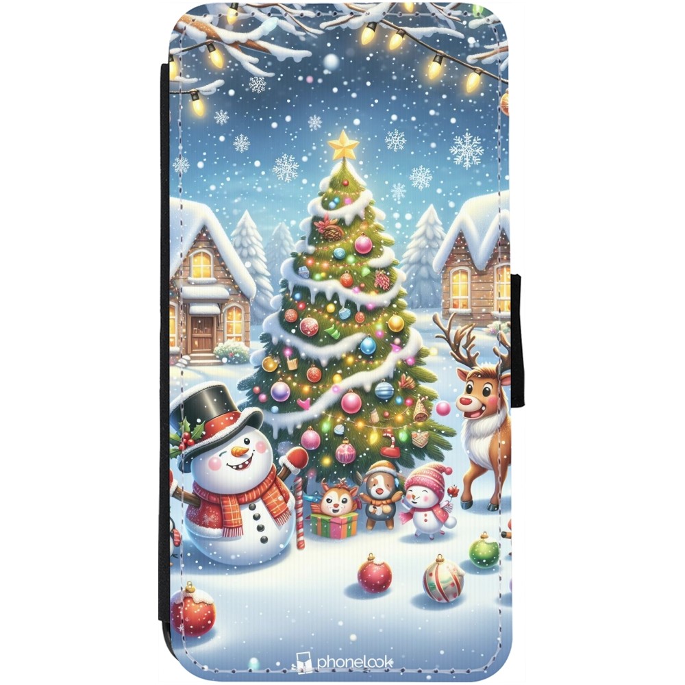 Coque iPhone 12 / 12 Pro - Wallet noir Noël 2023 bonhomme de neige et sapin