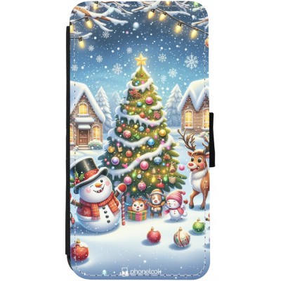 Coque iPhone 12 / 12 Pro - Wallet noir Noël 2023 bonhomme de neige et sapin