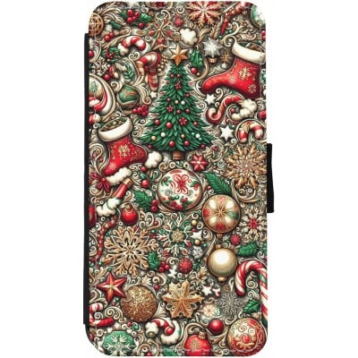 Coque iPhone 12 / 12 Pro - Wallet noir Noël 2023 micro pattern