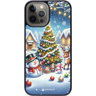 Coque iPhone 12 Pro Max - Noël 2023 bonhomme de neige et sapin