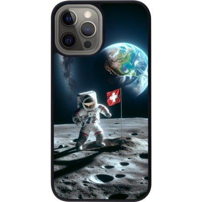 Coque iPhone 12 Pro Max - Silicone rigide noir Astro Suisse sur lune