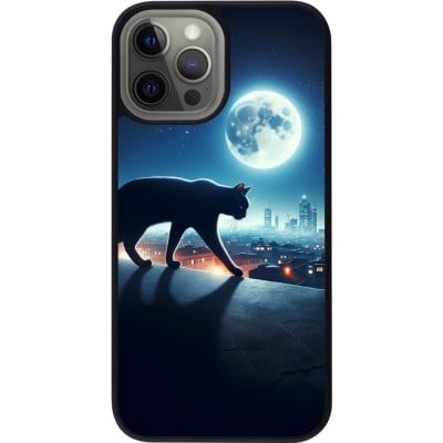 Coque iPhone 12 Pro Max - Silicone rigide noir Chat noir sous la pleine lune