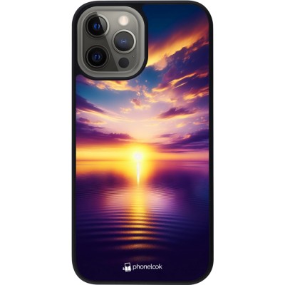 Coque iPhone 12 Pro Max - Silicone rigide noir Coucher soleil jaune violet