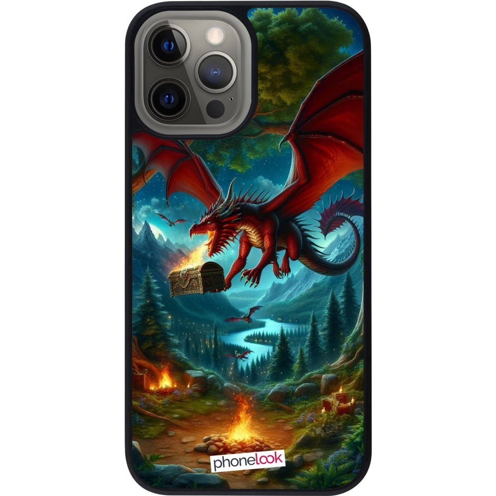 Coque iPhone 12 Pro Max - Silicone rigide noir Dragon Volant Forêt Trésor