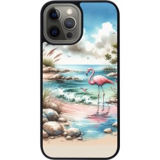 Coque iPhone 12 Pro Max - Silicone rigide noir Flamant rose aquarelle