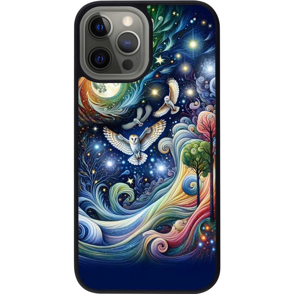 Coque iPhone 12 Pro Max - Silicone rigide noir hibou volant floral