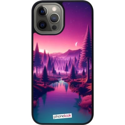 Coque iPhone 12 Pro Max - Silicone rigide noir Paysage Violet-Rose