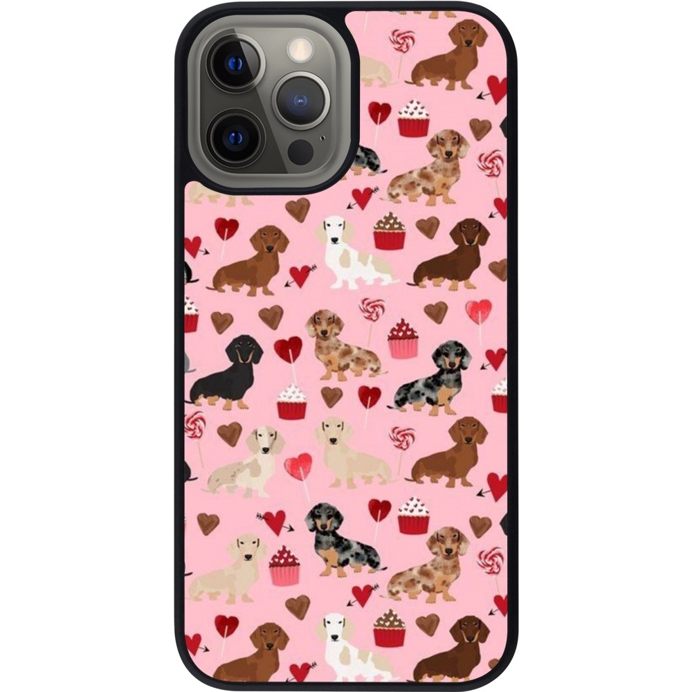 Coque iPhone 12 Pro Max - Silicone rigide noir Valentine 2024 puppy love