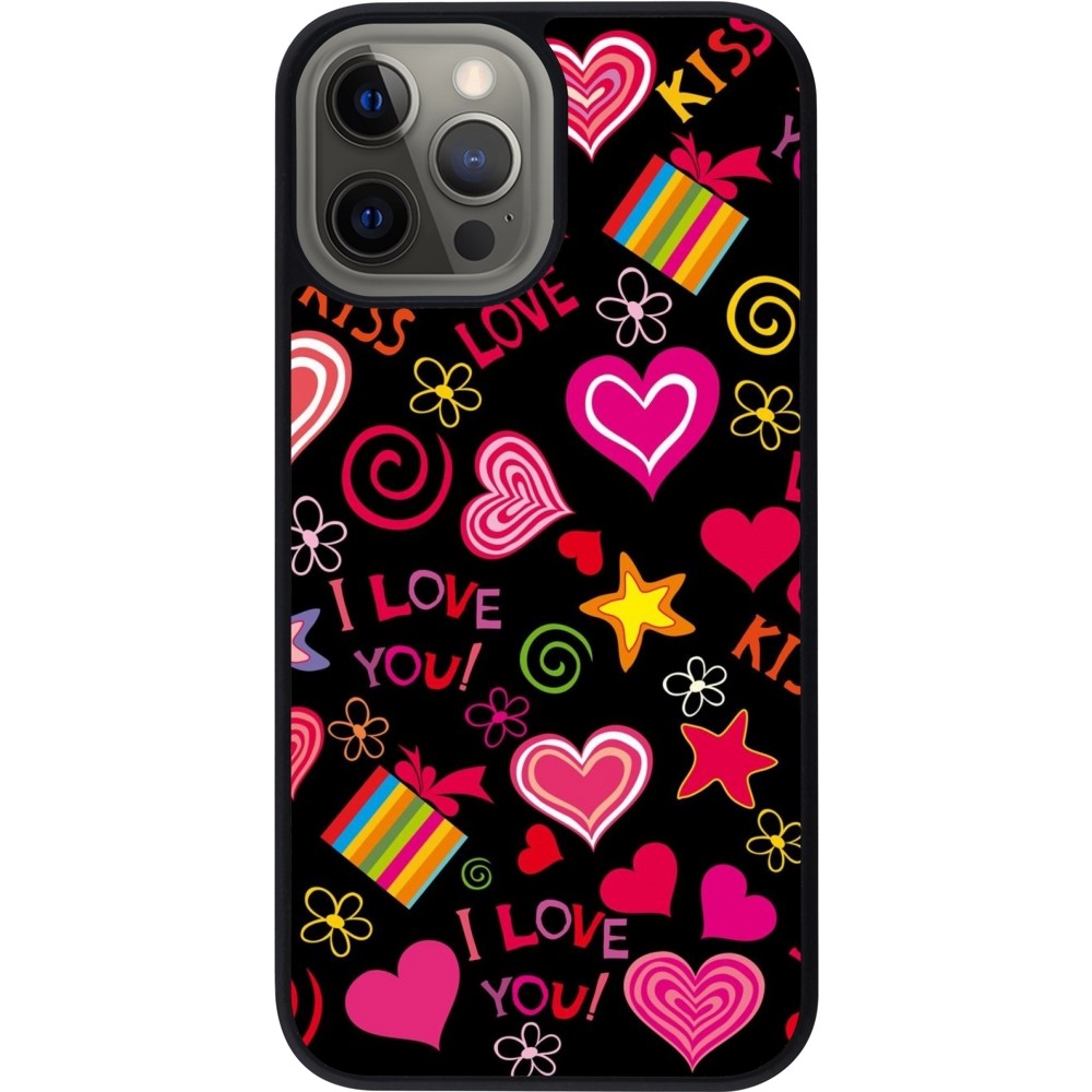 Coque iPhone 12 Pro Max - Silicone rigide noir Valentine 2023 love symbols