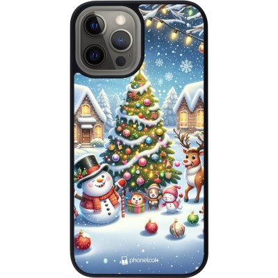 Coque iPhone 12 Pro Max - Silicone rigide noir Noël 2023 bonhomme de neige et sapin