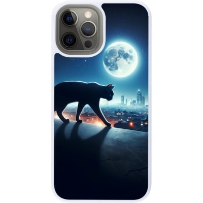 Coque iPhone 12 Pro Max - Silicone rigide blanc Chat noir sous la pleine lune