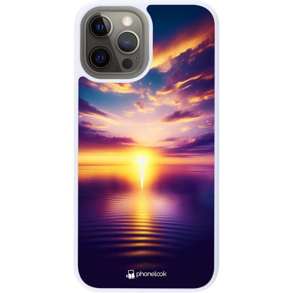 Coque iPhone 12 Pro Max - Silicone rigide blanc Coucher soleil jaune violet