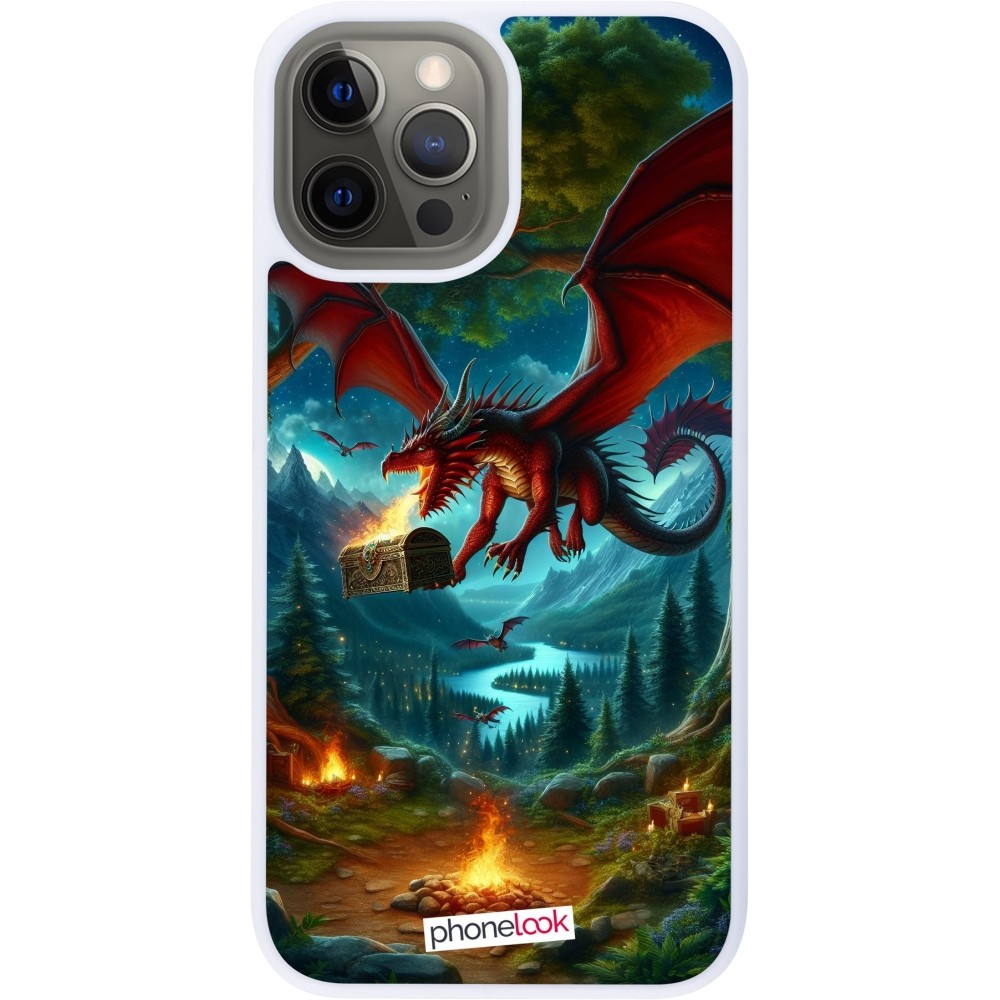 Coque iPhone 12 Pro Max - Silicone rigide blanc Dragon Volant Forêt Trésor