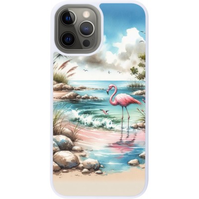 Coque iPhone 12 Pro Max - Silicone rigide blanc Flamant rose aquarelle