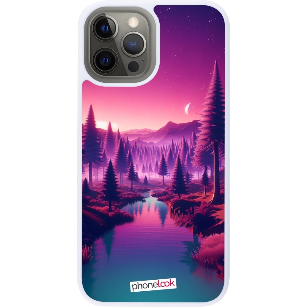 Coque iPhone 12 Pro Max - Silicone rigide blanc Paysage Violet-Rose