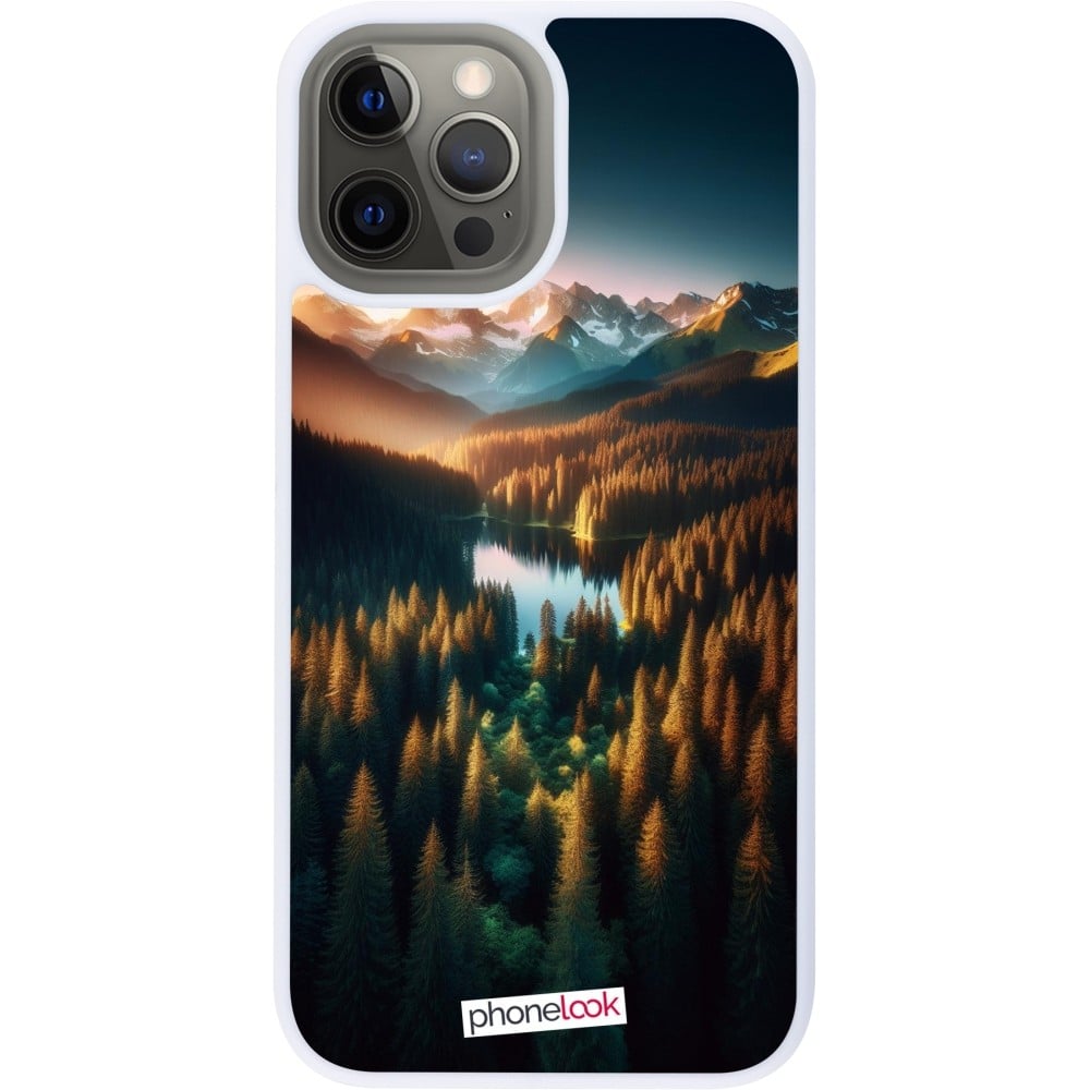 Coque iPhone 12 Pro Max - Silicone rigide blanc Sunset Forest Lake