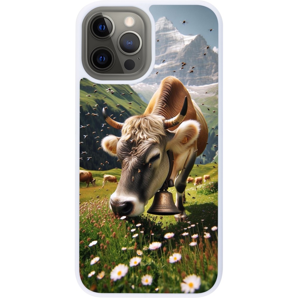 Coque iPhone 12 Pro Max - Silicone rigide blanc Vache montagne Valais