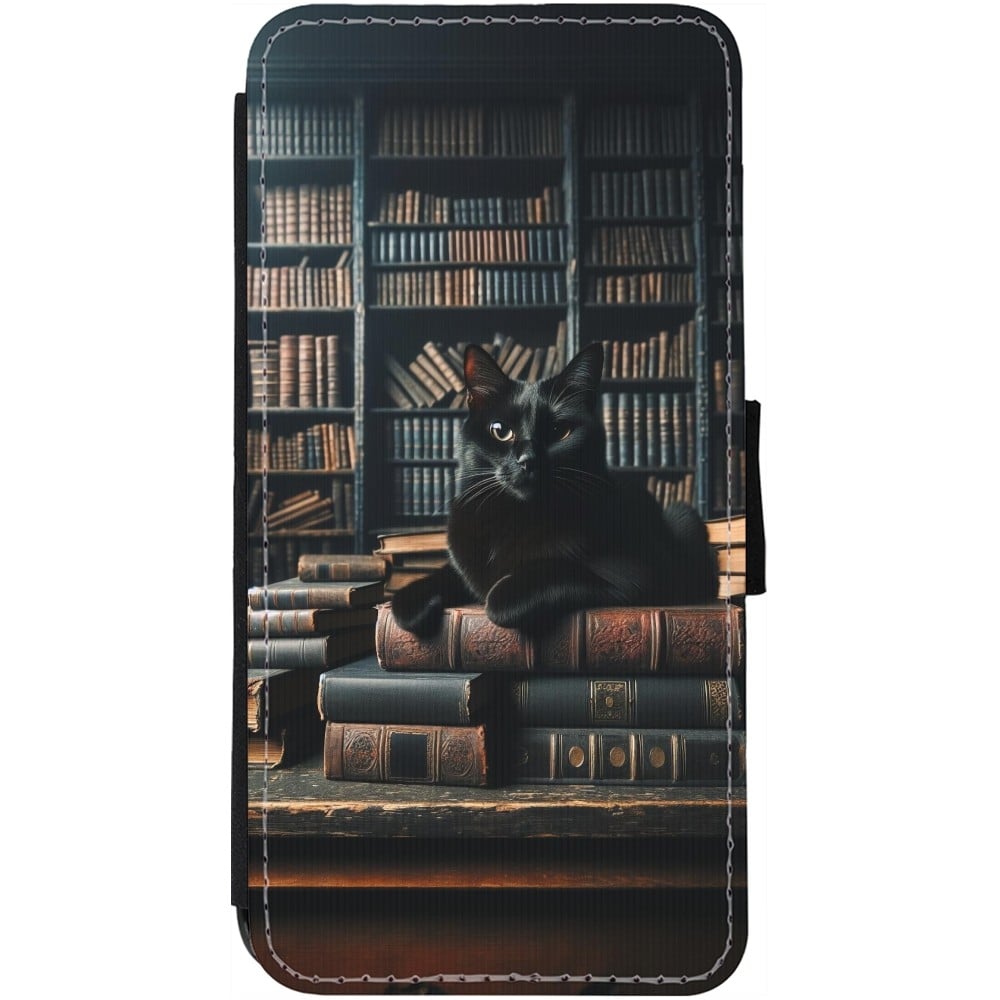 Coque iPhone 12 Pro Max - Wallet noir Chat livres sombres