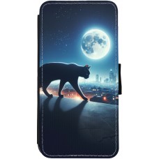 Coque iPhone 12 Pro Max - Wallet noir Chat noir sous la pleine lune