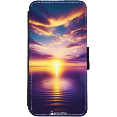 Coque iPhone 12 Pro Max - Wallet noir Coucher soleil jaune violet