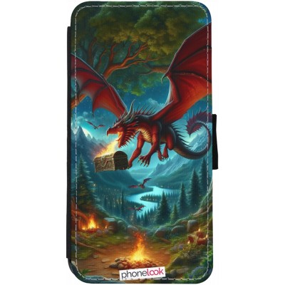 Coque iPhone 12 Pro Max - Wallet noir Dragon Volant Forêt Trésor