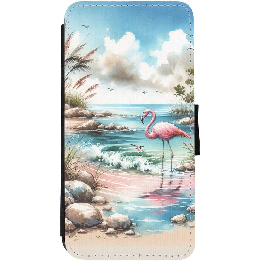 Coque iPhone 12 Pro Max - Wallet noir Flamant rose aquarelle