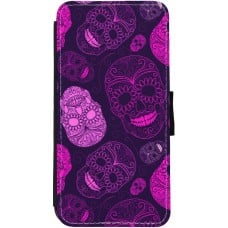 Coque iPhone 12 Pro Max - Wallet noir Halloween 2023 pink skulls