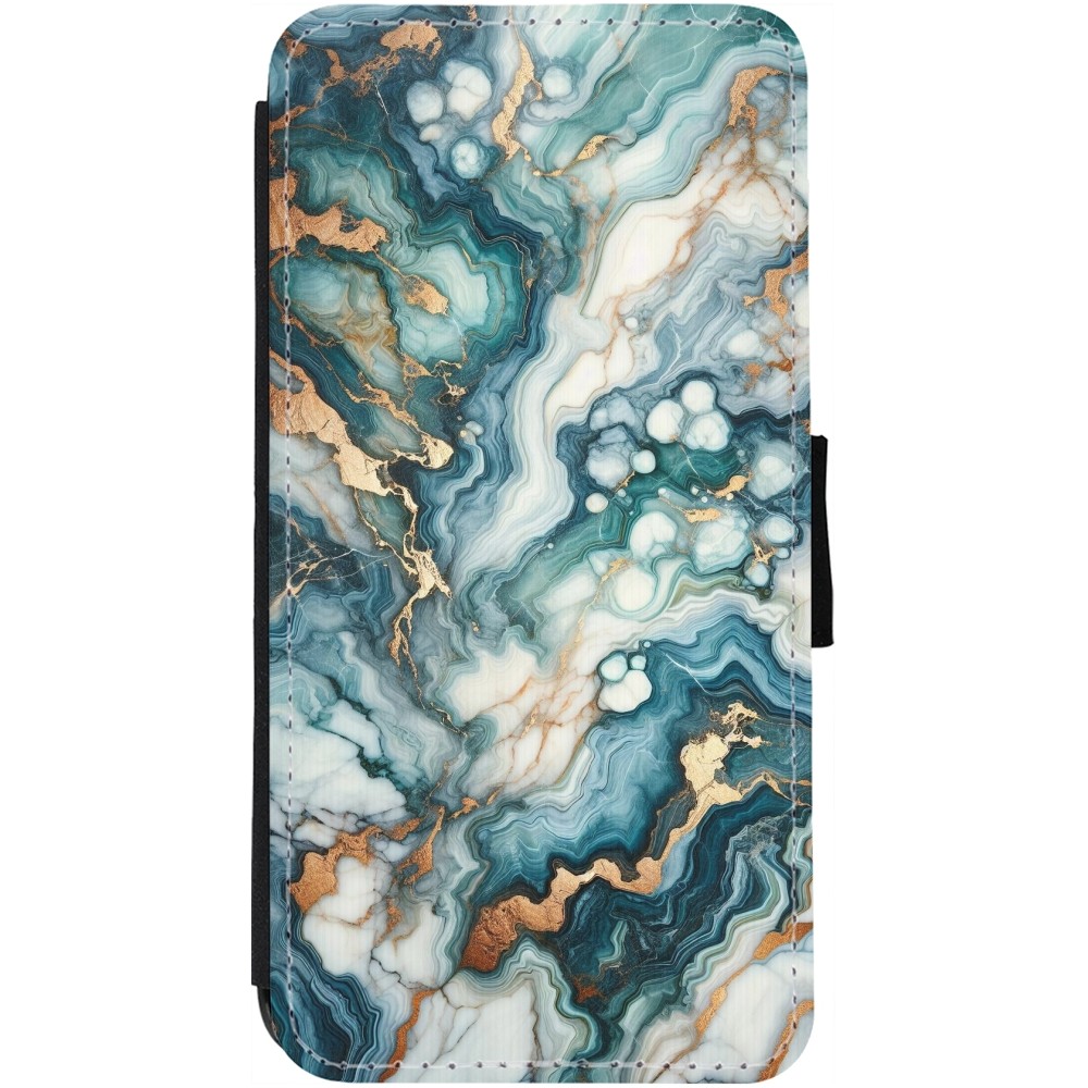 Coque iPhone 12 Pro Max - Wallet noir Marbre Vert Bleu Doré