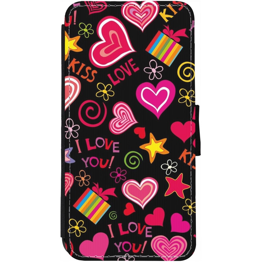 Coque iPhone 12 Pro Max - Wallet noir Valentine 2023 love symbols