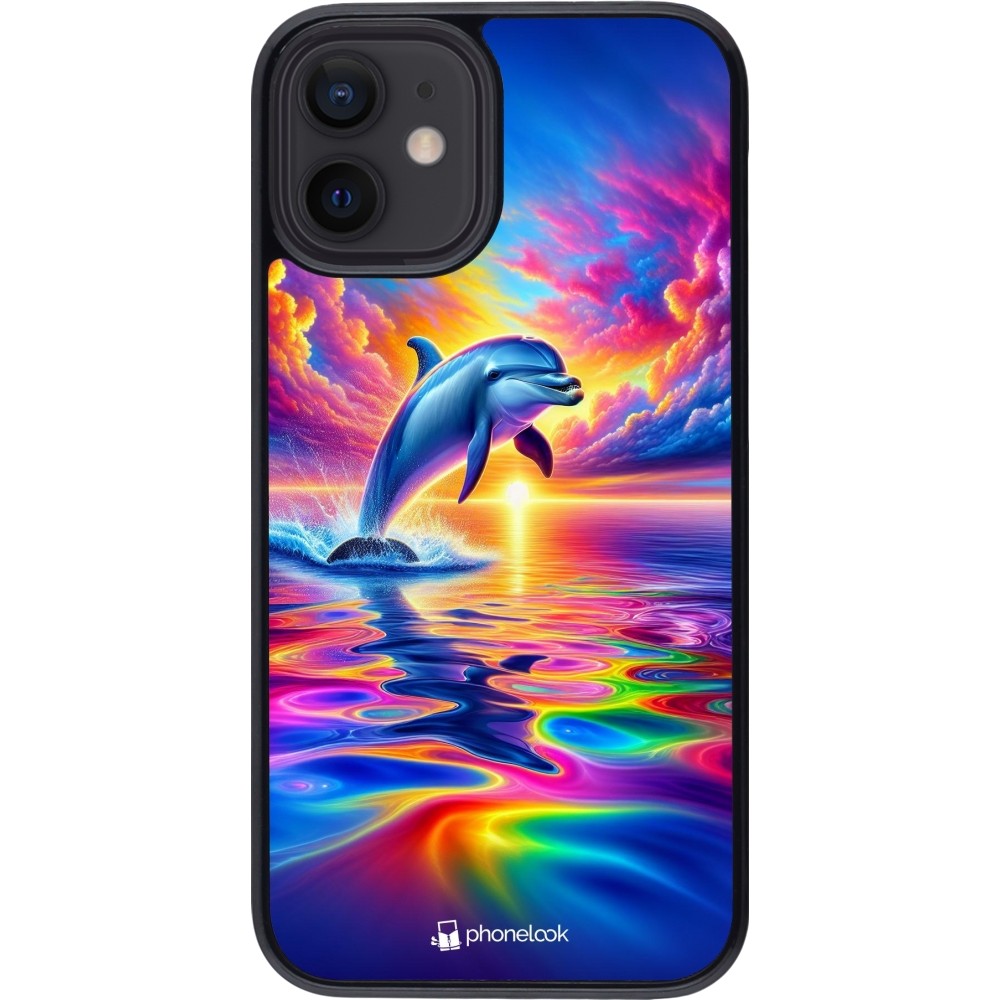 Coque iPhone 12 mini - Dauphin arc-en-ciel heureux