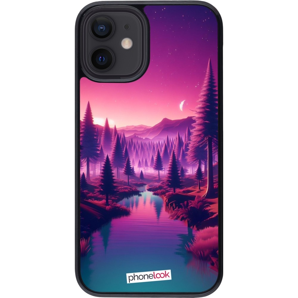 Coque iPhone 12 mini - Paysage Violet-Rose