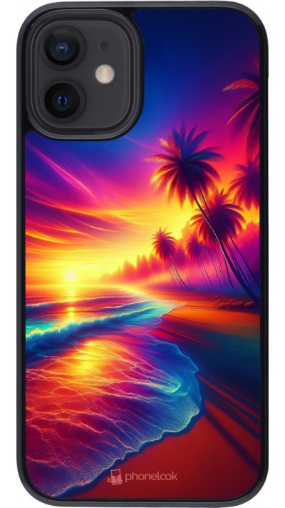 Coque iPhone 12 mini - Plage coucher soleil flashy