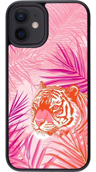 Coque iPhone 12 mini - Tigre palmiers roses