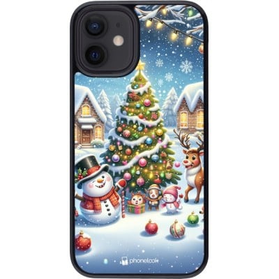 Coque iPhone 12 mini - Noël 2023 bonhomme de neige et sapin